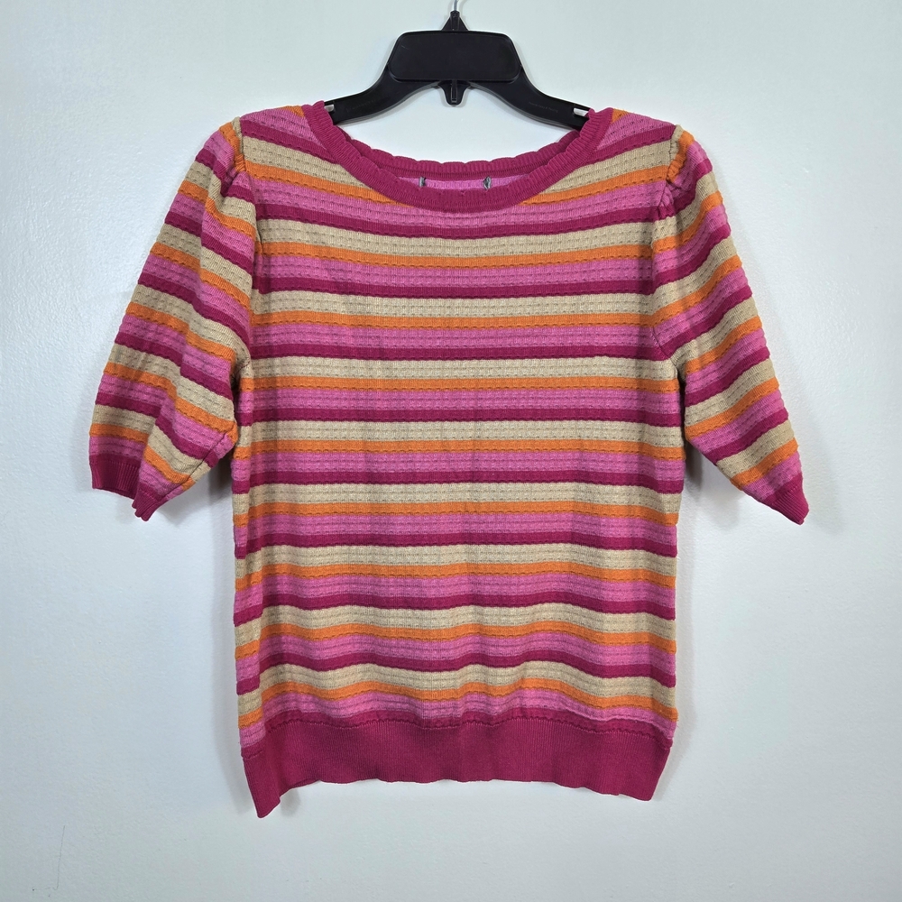 By Design Womens Pink Tan Orange Striped Preppy‎ Puff Sleeve Knit Sweater Large